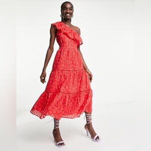 YAS Tiered One Shoulder Midi Dress Red Floral XXL